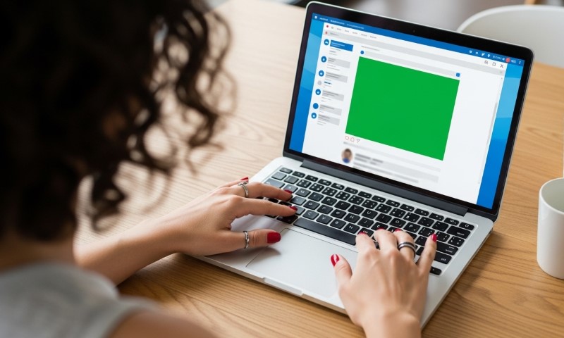 A person with curly hair types on a laptop displaying a social media page