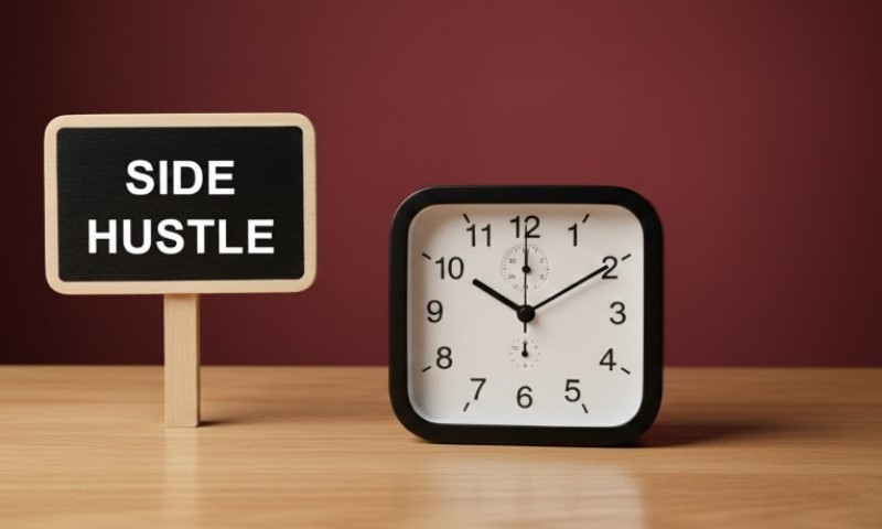A black sign reading "Side Hustle" stands beside a black-framed clock showing 10:10.