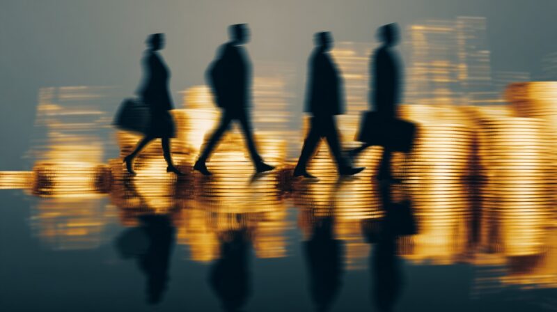 Blurred silhouettes of businesspeople walking in front of stacks of gold coins with reflections below