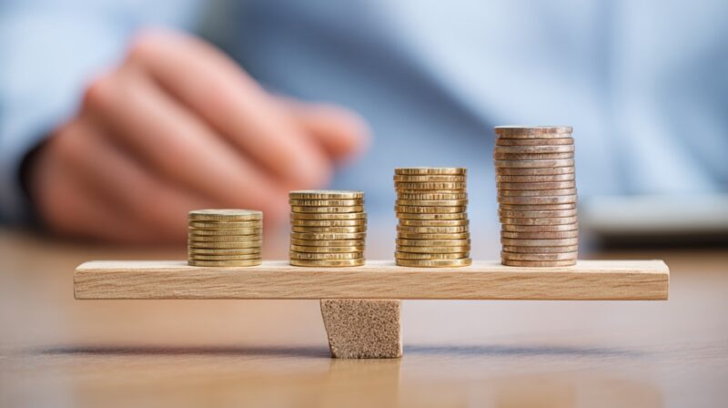 Stacks of coins increasing in size on a balanced wooden platform with person in background