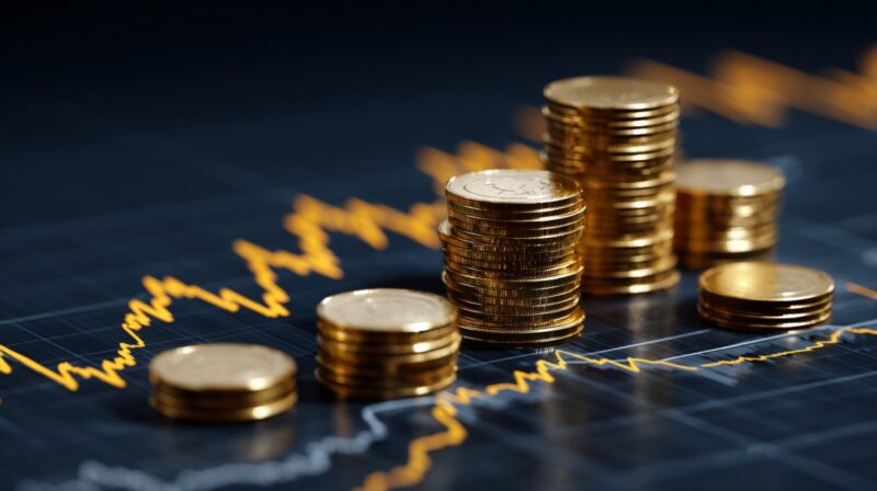 Stacks of coins placed on a financial chart with rising market lines