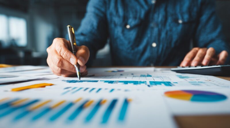 Person reviewing financial charts and reports with a pen beside a calculator