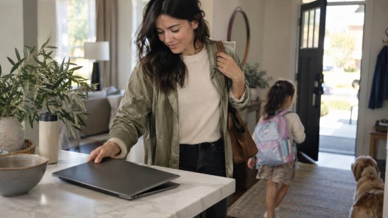 Woman closing her laptop as her daughter leaves for school.