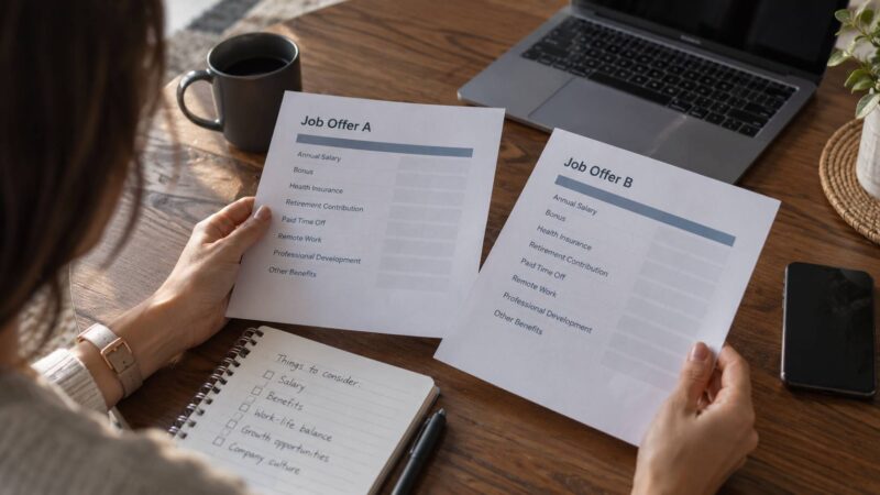 Woman comparing two job offers with salary and employee benefits details.
