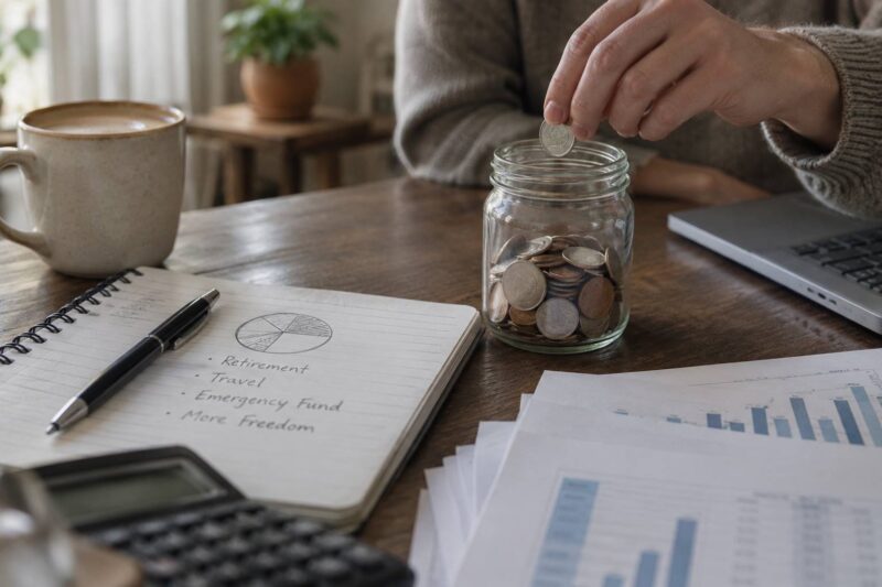 Person adding a coin to a savings jar beside financial documents.