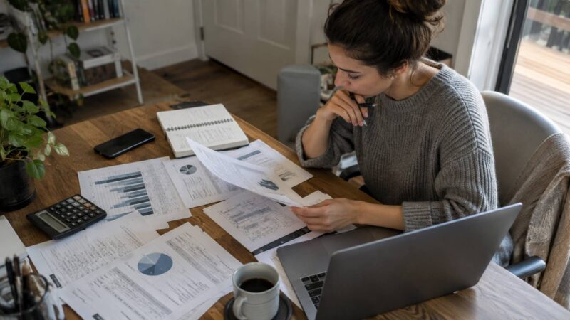 Woman reviewing compensation documents and financial charts at her desk.