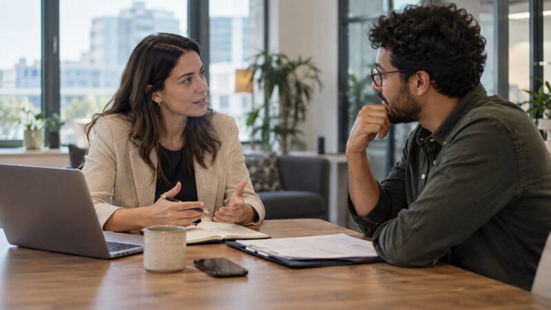 Two professionals discussing a compensation package during an office meeting.
