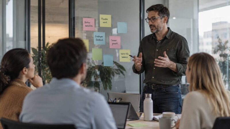 Manager presenting employee benefits and workplace improvement ideas during a team meeting.